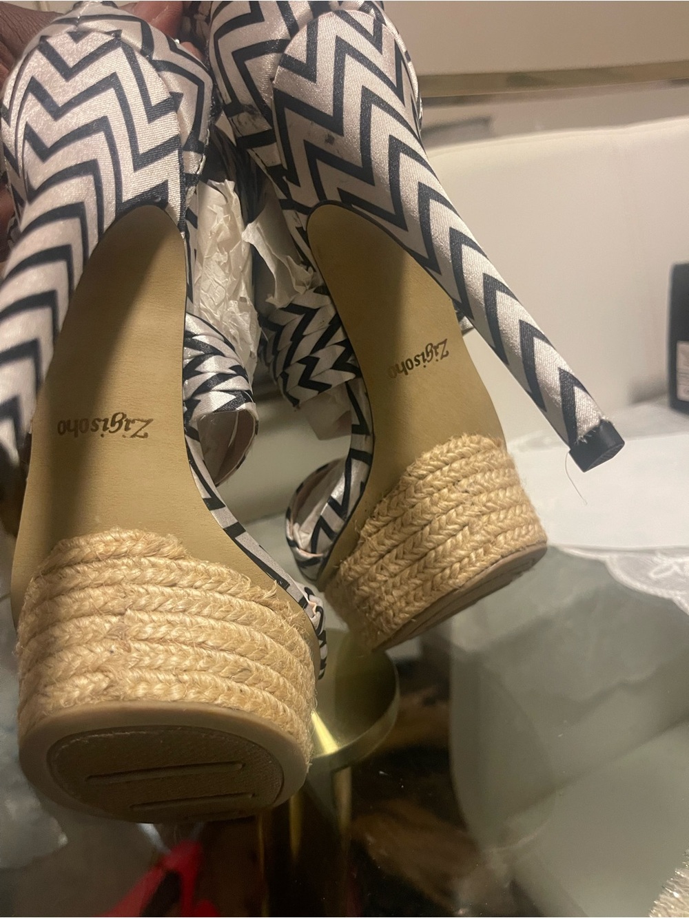 Zigi Soho Black & White Chevron Espadrille Wedge Heels